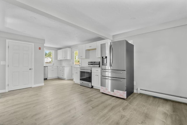 kitchen featuring baseboards, light countertops, light wood-style floors, white cabinetry, and stainless steel appliances