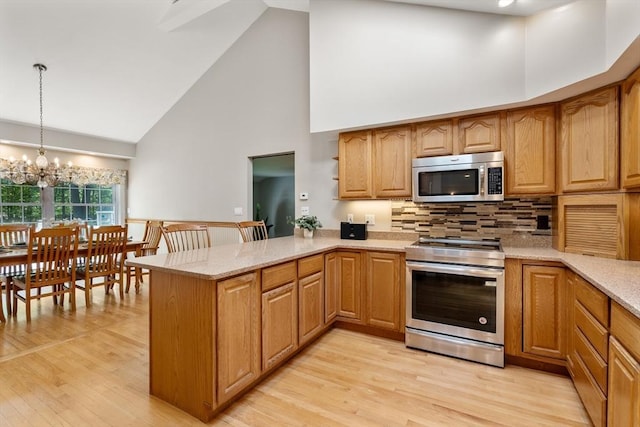kitchen featuring stainless steel appliances, high vaulted ceiling, a peninsula, a chandelier, and tasteful backsplash