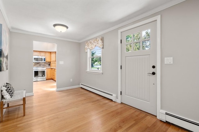 entrance foyer featuring a baseboard radiator, plenty of natural light, light wood-style flooring, and ornamental molding