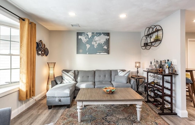 living room with a healthy amount of sunlight and hardwood / wood-style floors