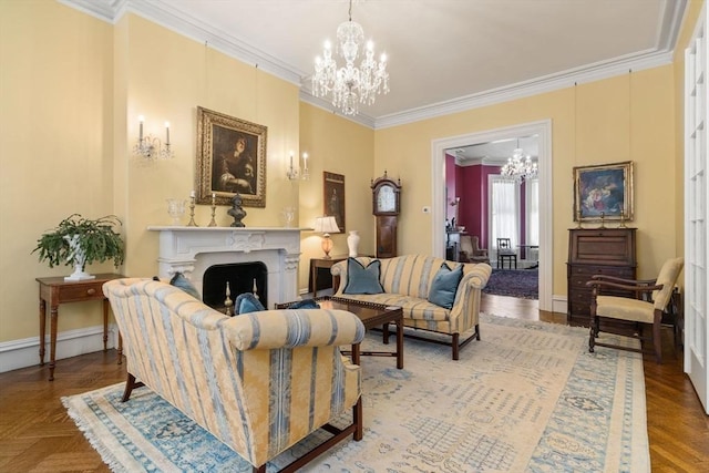 living room featuring a chandelier, a fireplace, ornamental molding, and baseboards