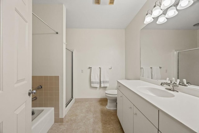 full bathroom featuring toilet, shower with separate bathtub, and vanity