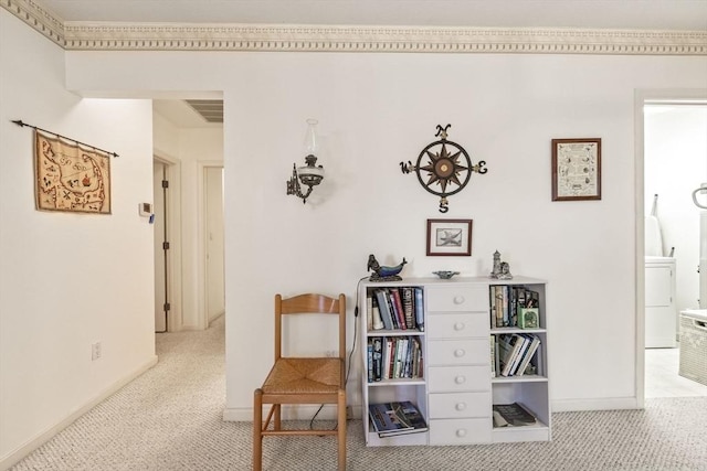 interior space featuring light colored carpet