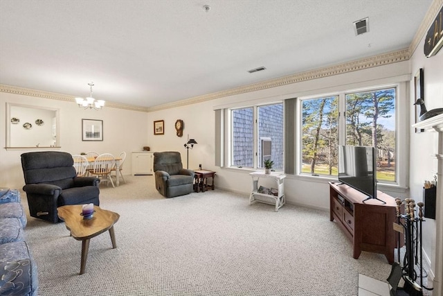 living room featuring carpet, a chandelier, and ornamental molding