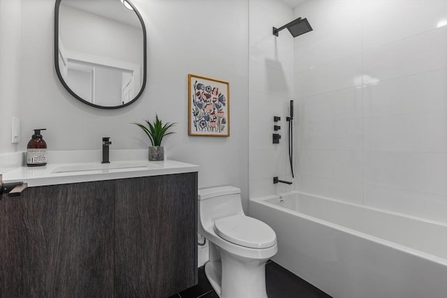 full bathroom with toilet, tiled shower / bath combo, and vanity