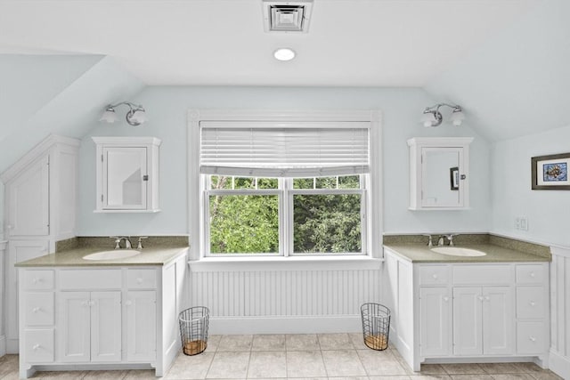 54 Garrison Dr, Scituate, MA 02066 - full bathroom featuring lofted ceiling and two vanities
