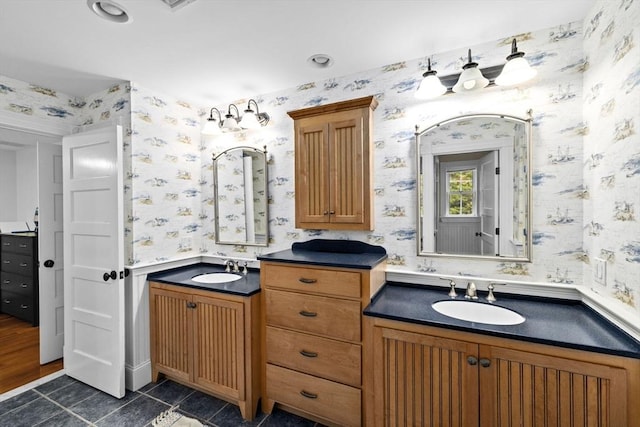 54 Garrison Dr, Scituate, MA 02066 - full bath with wallpapered walls, vanity, and tile patterned flooring
