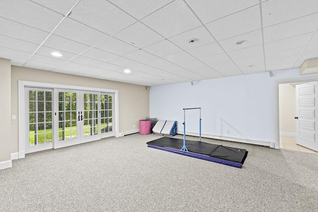54 Garrison Dr, Scituate, MA 02066 - workout room featuring carpet flooring, french doors, recessed lighting, baseboards, and baseboard heating