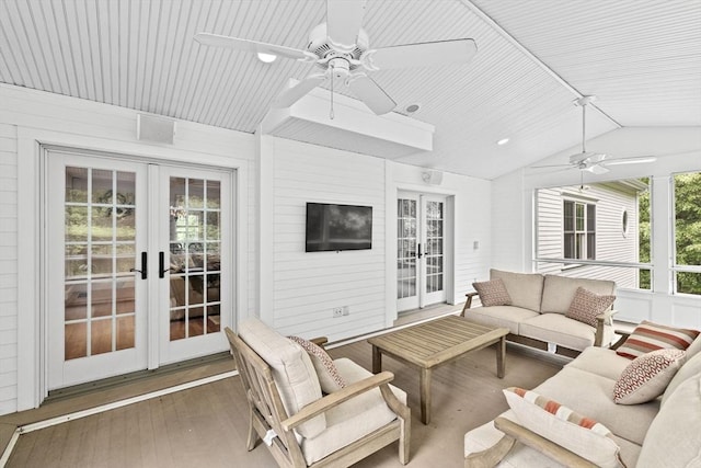 54 Garrison Dr, Scituate, MA 02066 - sunroom / solarium with french doors, a ceiling fan, and vaulted ceiling