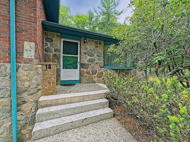 18 Shady Oak Dr, Mattapoisett, MA 02739 - view of exterior entry with stone siding and brick siding