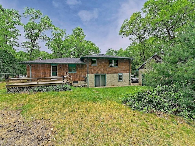 18 Shady Oak Dr, Mattapoisett, MA 02739 - rear view of property with a yard, a wooden deck, and brick siding
