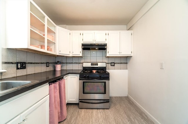 83 Armstrong St, West Springfield, MA 01089 - kitchen featuring gas range, under cabinet range hood, light wood-style flooring, and tasteful backsplash