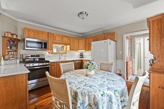 47-49 Dean St, Norton, MA 02766 - kitchen featuring stainless steel appliances, dark wood finished floors, light countertops, crown molding, and wainscoting