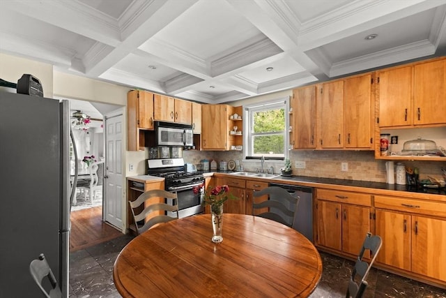 47-49 Dean St, Norton, MA 02766 - kitchen featuring appliances with stainless steel finishes, open shelves, beamed ceiling, crown molding, and coffered ceiling