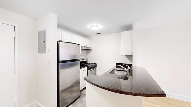 42 8th St Unit 2110, Boston, MA 02129 - kitchen with stainless steel appliances, a sink, electric panel, white cabinetry, and a peninsula