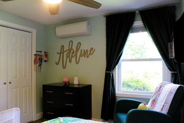 13 Laurana Ln, Hadley, MA 01035 - bedroom featuring a wall mounted air conditioner, a ceiling fan, and a closet