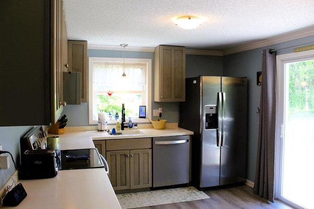 13 Laurana Ln, Hadley, MA 01035 - kitchen featuring stainless steel appliances, a sink, light wood-style floors, light countertops, and crown molding