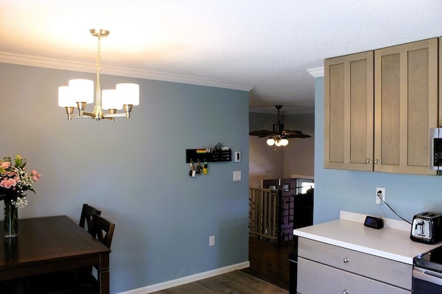 13 Laurana Ln, Hadley, MA 01035 - kitchen featuring ornamental molding, dark wood finished floors, light countertops, a chandelier, and ceiling fan