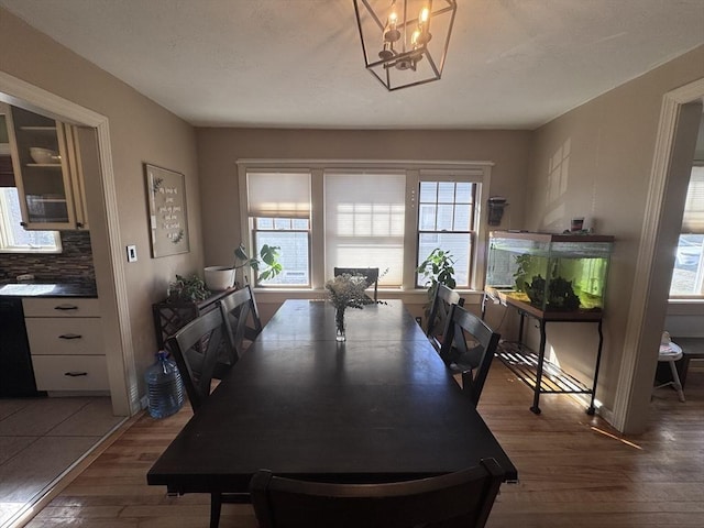 dining area featuring an inviting chandelier, wood finished floors, and a wealth of natural light