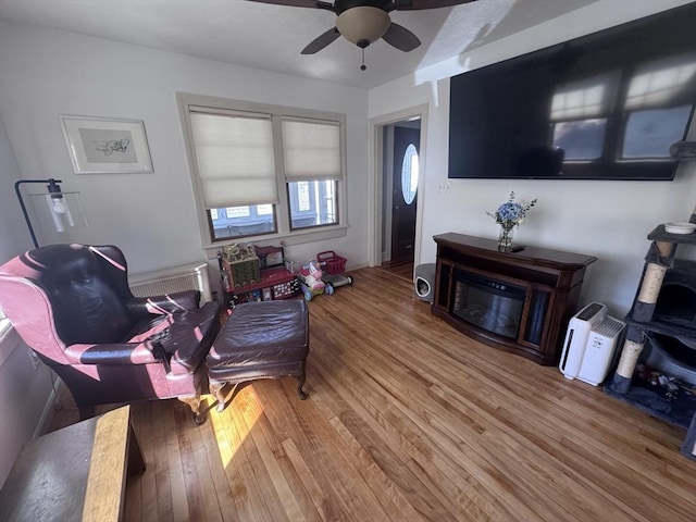 living room with a ceiling fan and light wood finished floors