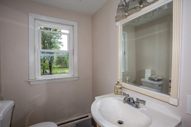 8 N Longyard Rd, Southwick, MA 01077 - half bath with a baseboard heating unit, toilet, and a sink