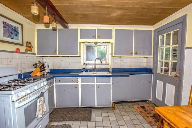 8 N Longyard Rd, Southwick, MA 01077 - kitchen featuring white gas range, a sink, wooden ceiling, dark countertops, and light tile patterned floors