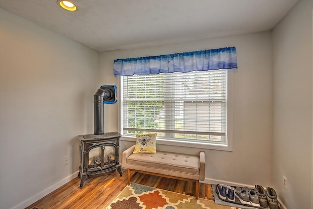 143 Eagle St, Ware, MA 01082 - sitting room with a wood stove, baseboards, wood finished floors, and a healthy amount of sunlight