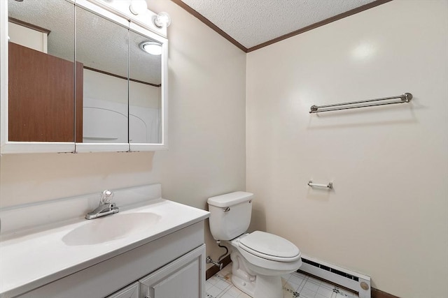24 Mountainshire Dr Unit 24, Worcester, MA 01606 - bathroom with baseboard heating, a textured ceiling, ornamental molding, vanity, and baseboards