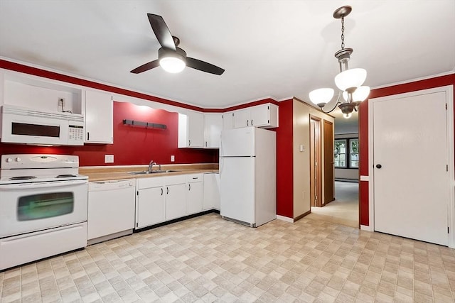 24 Mountainshire Dr Unit 24, Worcester, MA 01606 - kitchen featuring white appliances, white cabinets, light countertops, ceiling fan, and pendant lighting
