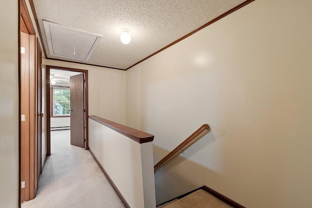 24 Mountainshire Dr Unit 24, Worcester, MA 01606 - corridor with an upstairs landing, attic access, crown molding, a textured ceiling, and light colored carpet