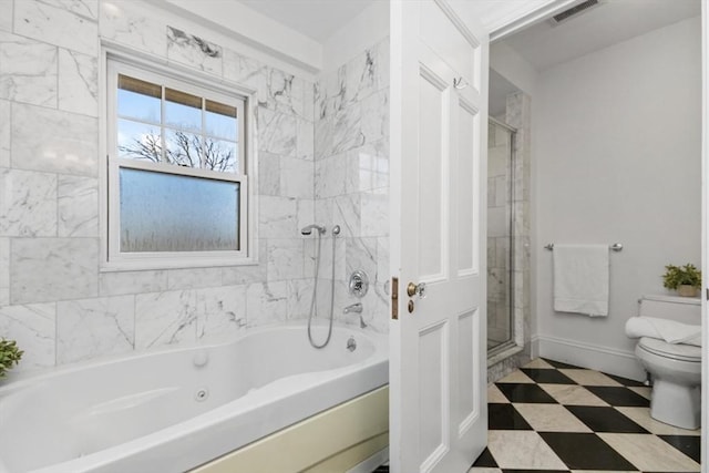 full bathroom featuring a garden tub, toilet, visible vents, a shower stall, and tile patterned floors