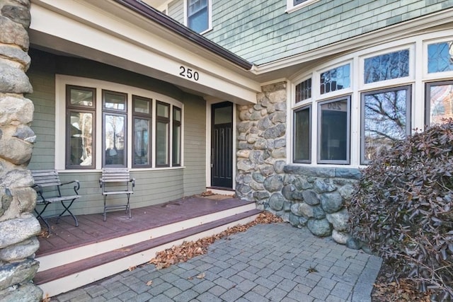 entrance to property featuring stone siding