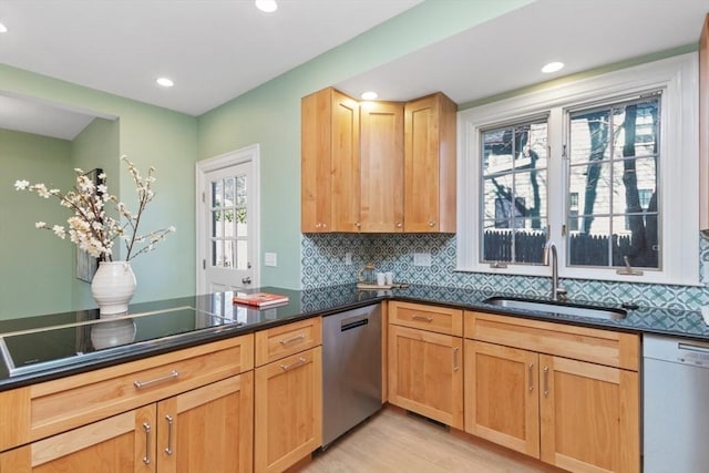 kitchen with decorative backsplash, stainless steel dishwasher, a sink, dishwasher, and black electric cooktop