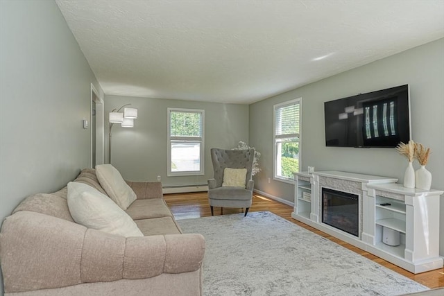 13 Woodland Dr, Hudson, MA 01749 - living room featuring a baseboard radiator, wood finished floors, a glass covered fireplace, baseboards, and a textured ceiling