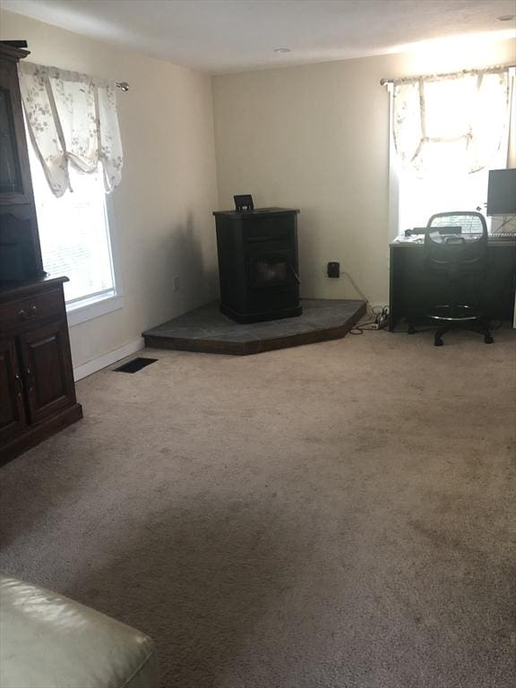 31 Benham St, Orange, MA 01364 - living room featuring a wood stove and carpet floors