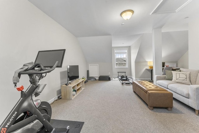 living room featuring lofted ceiling and carpet floors