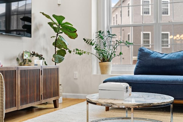 living area with hardwood / wood-style floors