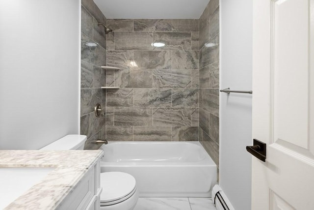 full bath with vanity, a baseboard radiator, toilet, marble finish floor, and washtub / shower combination