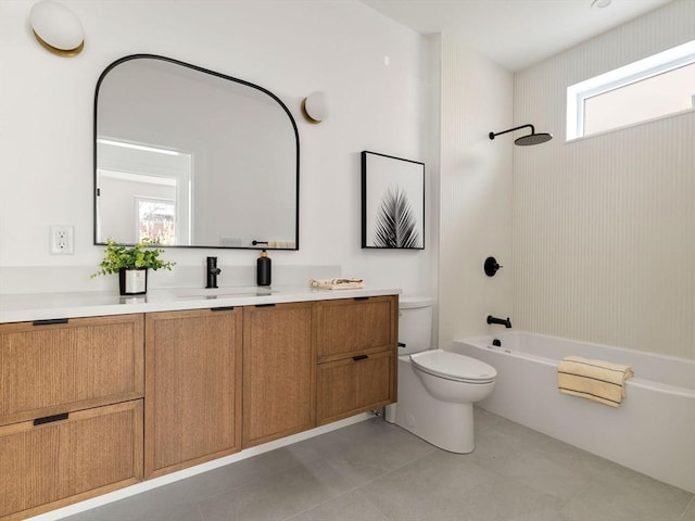 full bathroom with toilet, tile patterned flooring, vanity, and  shower combination