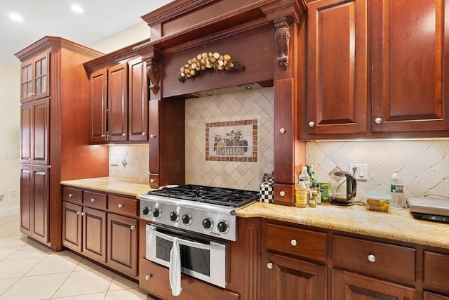 30 Bridle Path, Shrewsbury, MA 01545 - kitchen featuring decorative backsplash, light tile patterned floors, light stone countertops, and glass insert cabinets
