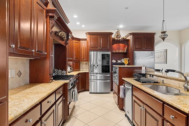 30 Bridle Path, Shrewsbury, MA 01545 - kitchen featuring a sink, decorative backsplash, light tile patterned floors, and high end appliances