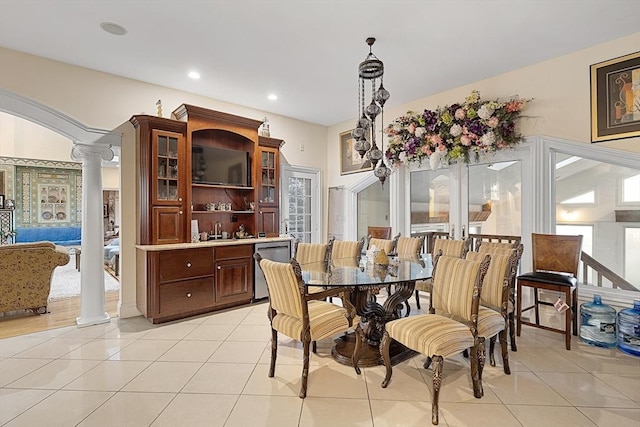 30 Bridle Path, Shrewsbury, MA 01545 - dining space featuring ornate columns, recessed lighting, and light tile patterned floors