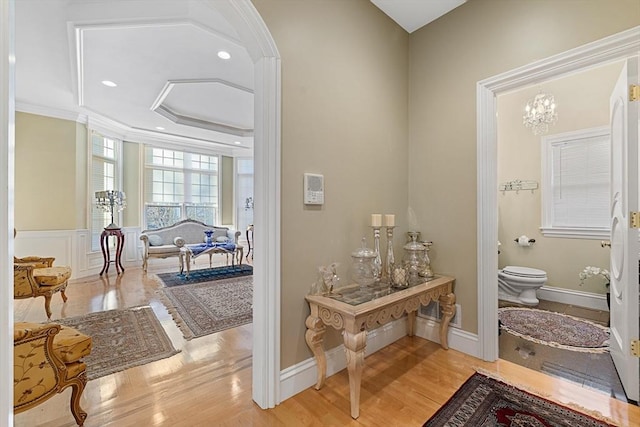 30 Bridle Path, Shrewsbury, MA 01545 - hall with crown molding, wood finished floors, baseboards, an inviting chandelier, and recessed lighting