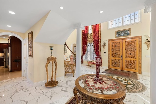 30 Bridle Path, Shrewsbury, MA 01545 - entryway featuring arched walkways, recessed lighting, and marble finish floor