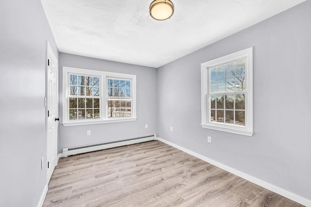 unfurnished room with light wood-type flooring and a baseboard radiator