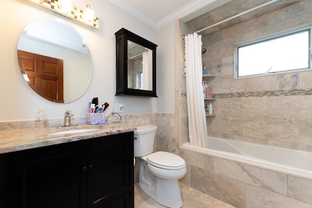 full bathroom with toilet, tiled shower / bath, vanity, ornamental molding, and tile walls