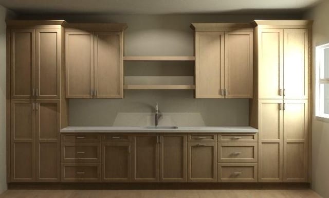 kitchen featuring open shelves, a sink, and light countertops