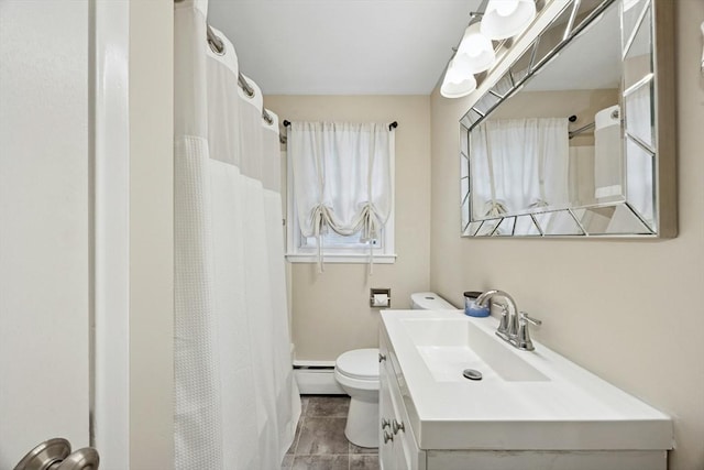 15 Dodge Hill Rd, Sutton, MA 01590 - bathroom with baseboard heating, vanity, toilet, and a shower with curtain