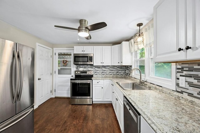 15 Dodge Hill Rd, Sutton, MA 01590 - kitchen with appliances with stainless steel finishes, a sink, white cabinetry, dark wood-style floors, and ceiling fan