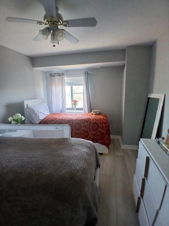 474 Revere Beach Blvd Unit 205, Revere, MA 02151 - bedroom featuring light wood-style floors, a ceiling fan, and baseboards